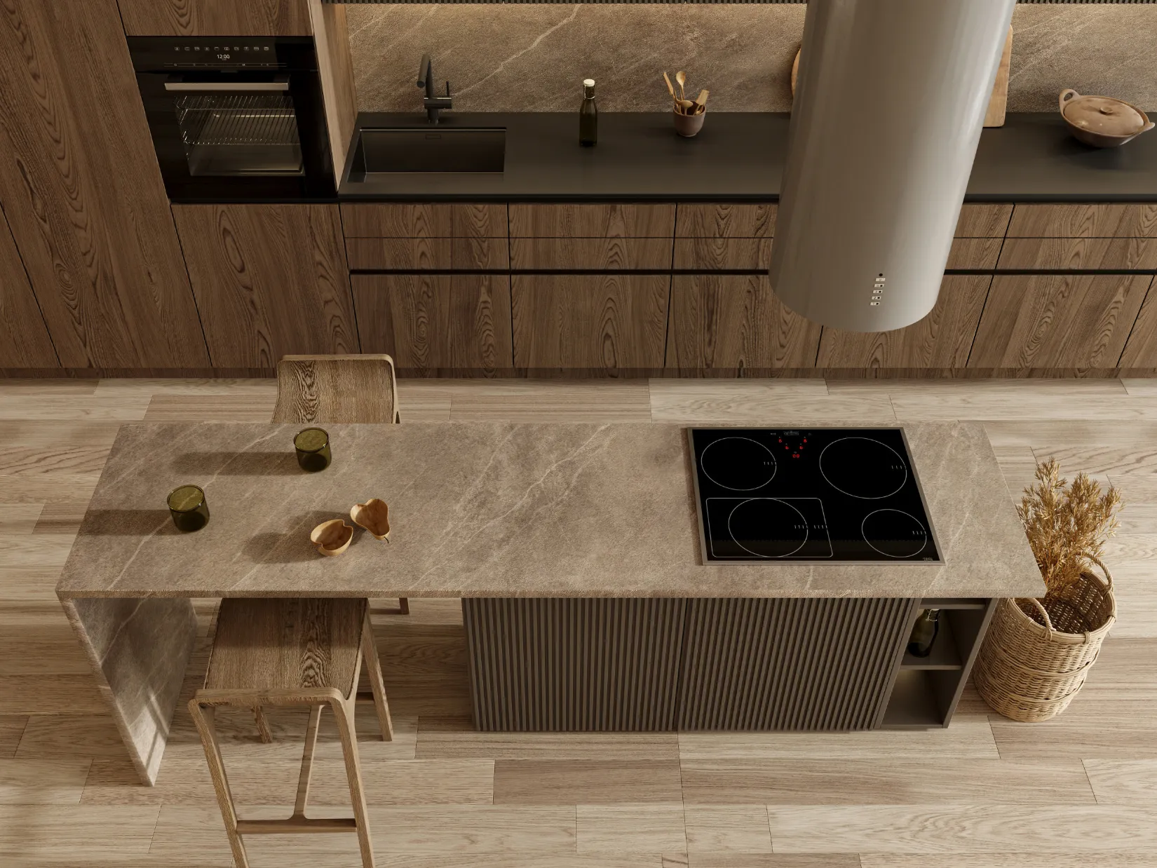 Professional 3D kitchen design rendering for a Dallas home renovation featuring architectural planning, modern wood cabinetry, stone island countertop, and integrated cooking layout.