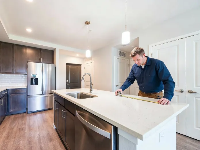 Kitchen Pro Dallas contractor measuring a luxury quartz countertop for a custom kitchen installation in Dallas, TX
